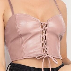 Lace-Up Faux Leather Crop Top - Pink